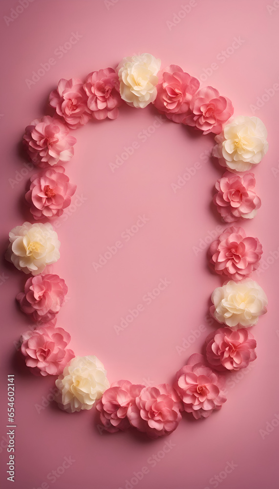 Frame made of pink and white artificial roses on pink background. flat lay