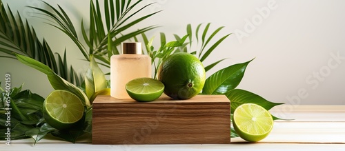 Modern display for promoting summer drinks and natural cosmetics featuring wooden cube podium with palm leaves lemon and lime slices on a white background