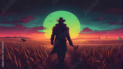 Fantasy landscape with a man in a wheat field at sunset.