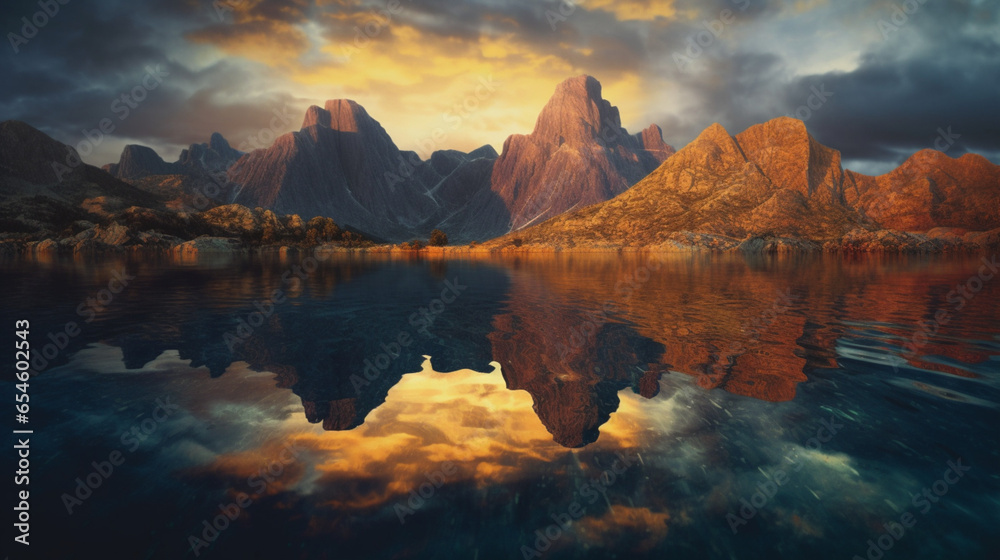 Discover the beauty and amazement of a serene view featuring a lake and majestic mountains. Nature's wonders at their finest Created with generative AI tools.