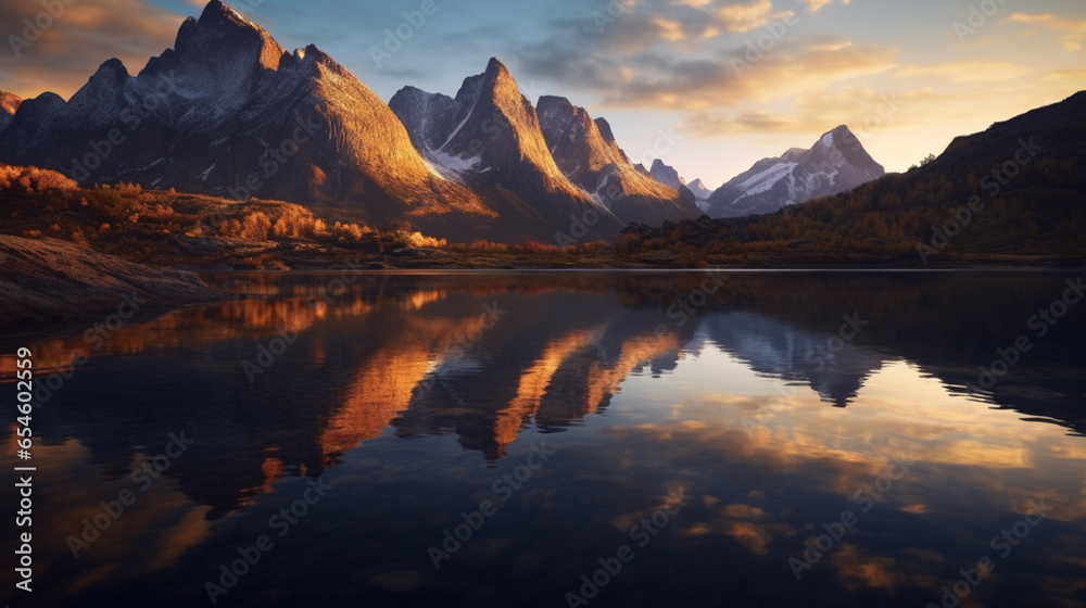 Discover the beauty and amazement of a serene view featuring a lake and majestic mountains. Nature's wonders at their finest Created with generative AI tools.