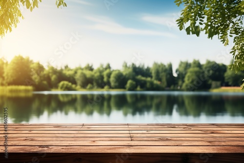 Empty wooden table top with blurred summer lake background for product display montage