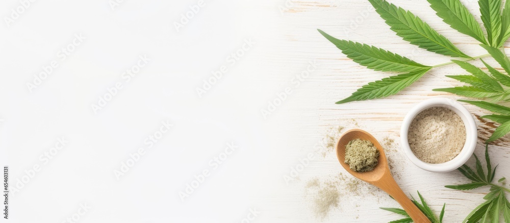 CBD capsules and hemp leaves on white background Herbal medicine concept Long banner format