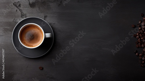 A black coffee cup filled with espresso against a textured blackboard background. The contrast between the cup and the backdrop creates a stylish canvas for your coffee-related text. AI generated