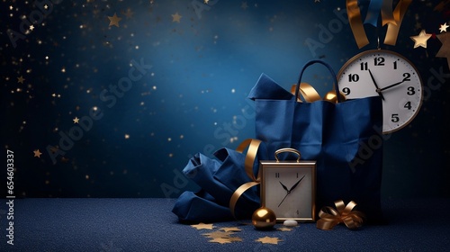 A captivating Black Friday design with a clock striking midnight, surrounded by shopping bags, all set against a textured deep blue backdrop. AI generated