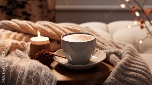 Wallpaper Mural A coffee cup set against a textured, cozy blanket in a comfortable armchair. The warm, inviting scene is perfect for adding your relaxation or coffee break message. AI generated Torontodigital.ca