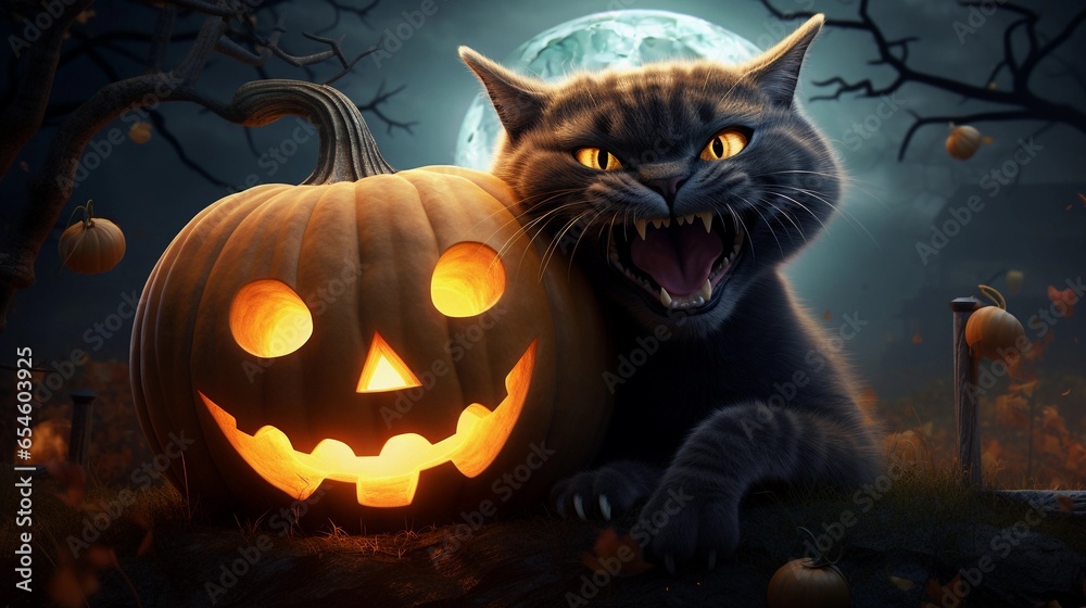 A funny cat carving itself into a jack-o'-lantern with a mischievous grin, set against a textured, starry Halloween night. AI generated A funny cat carving itself into a jack-o'-lantern with a mischievous grin, set against a textured, starry Halloween night. AI generated