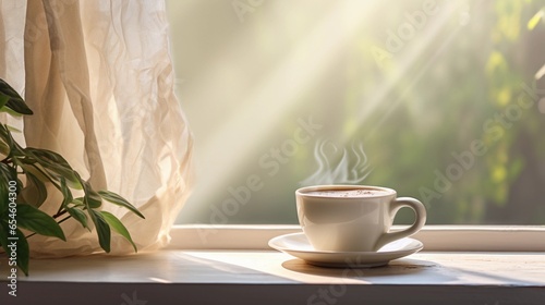 A serene scene of a coffee cup resting on a textured, sunlit windowsill. The soft morning light enhances the tranquil ambiance, leaving room for your calm and reflective text. AI generated
