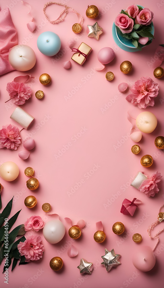 Flat lay composition with pink flowers. candles and gift box on pink background