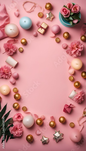 Flat lay composition with pink flowers. candles and gift box on pink background