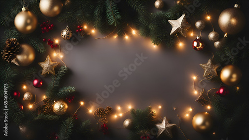 Christmas and New Year background with fir tree branches. christmas balls. garland and stars. Top view.