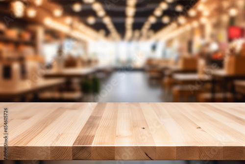 Empty wooden table top with blurred supermarket background for product display montage
