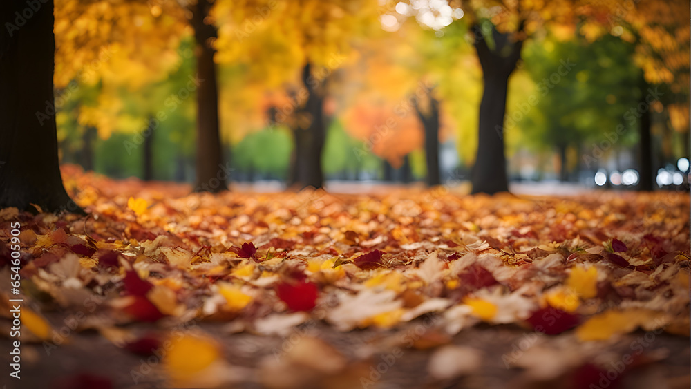 Autumn leaves in the city park. Blurred background with bokeh