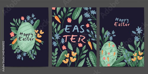 happy easter greeting card collection. easter egg and floral watercolor illustration
