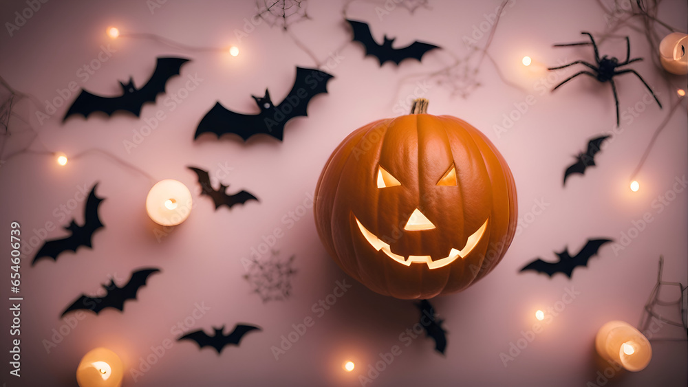 Halloween background with pumpkins. bats and candles on white wall