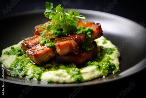 Mouthwatering Delicacy of Stegt Flæsk Med Persillesovs, a Traditional Danish Comfort Dish, Showcasing Crispy Fried Pork with Homemade Parsley Sauce in this Savory Close-Up - A