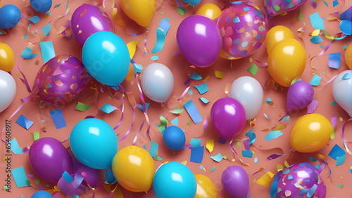 3d render of balloons. confetti and ribbons on pink background