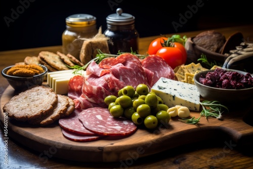 Mouthwatering Delights of Norwegian Spekemat: A Close-Up Capture of the Traditional Platter Showcasing Savory Cured Meats, Smoked Salmon, Cheeses, Sausages, and Marinated Veget