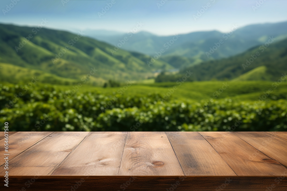 Empty wooden table top with blurred tea plantation background for product display montage Empty wooden table top with blurred tea plantation background for product display montage