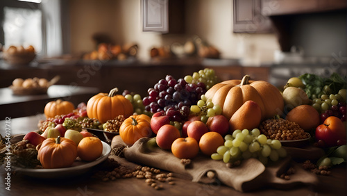 Autumn still life with fruits and vegetables in a rustic kitchen