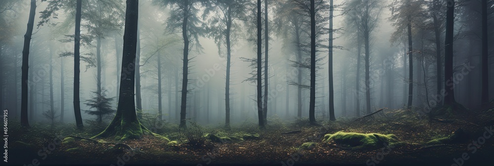 Fototapeta premium foggy forest with picturesque trees 