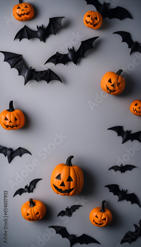 Halloween background with pumpkins. bats and spiders on grey background