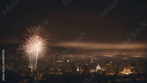 Fireworks over the city in the night. Los Angeles. California