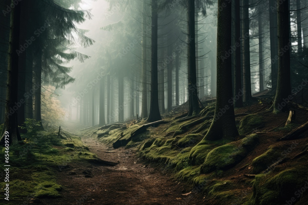foggy forest with picturesque trees foggy forest with picturesque trees