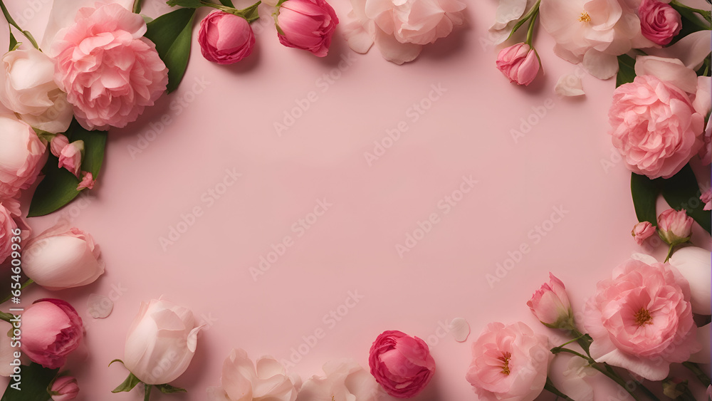 top view of pink and white roses on pink background with copy space