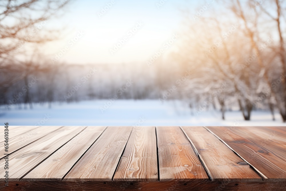 Empty wooden table top with blurred winter landscape background for product display montage