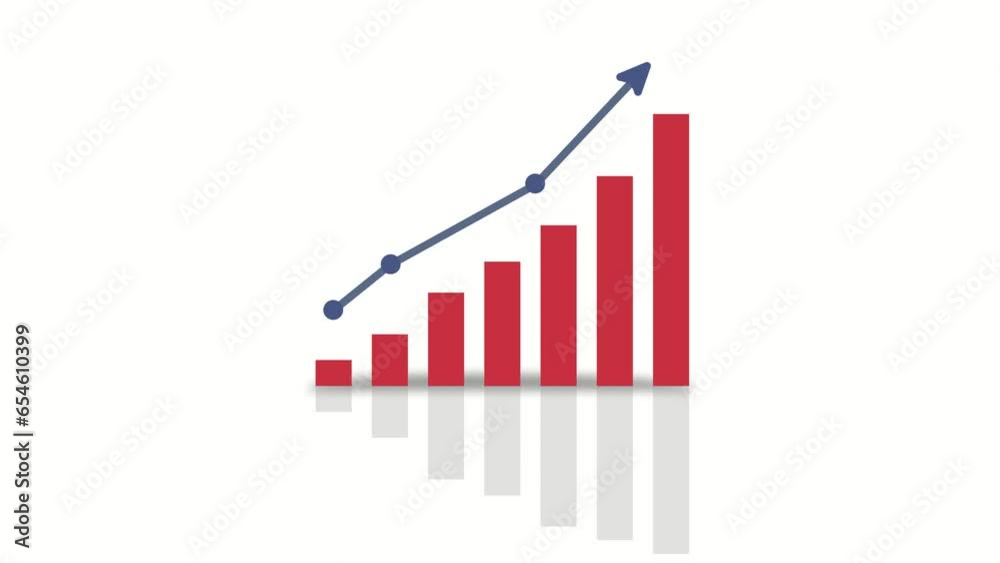Business growth graph with success arrow infographics. 4k animation of a business infographics with rising arrow and appearing red bar stats. Business growth graph with success arrow infographics. 4k animation of a business infographics with rising arrow and appearing red bar stats.
