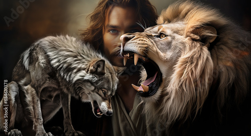 Biblical Symbolism:  Jesus Christ Lion of Judah, and Wolf Representing the Eternal Struggle of Good versus Evil.  Religion.  