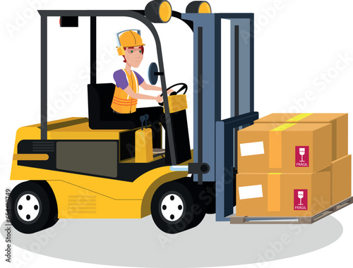 yellow forklift carrying two boxes containing fragile material. Driver wears protective equipment - earing protection, reflective safety jacket vest and hard hat. White background