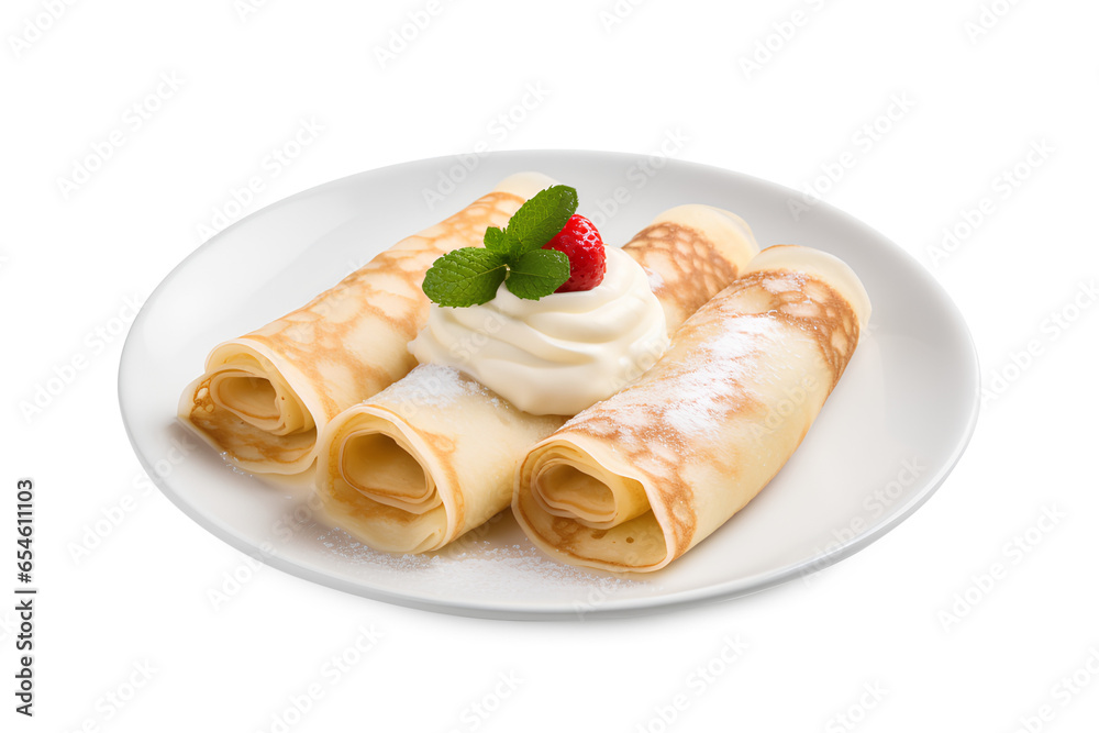 Crepes stuffed in white plate isolated on transparent background, Generative AI Crepes stuffed in white plate isolated on transparent background, Generative AI