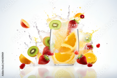 Fruits flying in a blender with fruit juice on a white background  Generative AI
