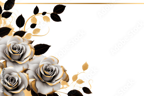 Golden frame with black roses design element on transparent background, Generative AI