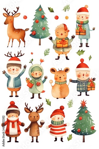 Watercolour cartoon style christmas clipart variations, simple, vector, decoration, candy, cake