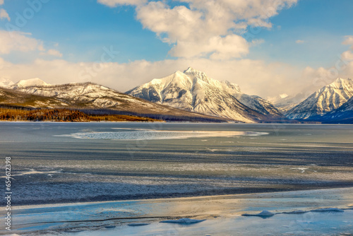 beautiful winter scene at Lake McDonald, Glacier National Park, Montana photo