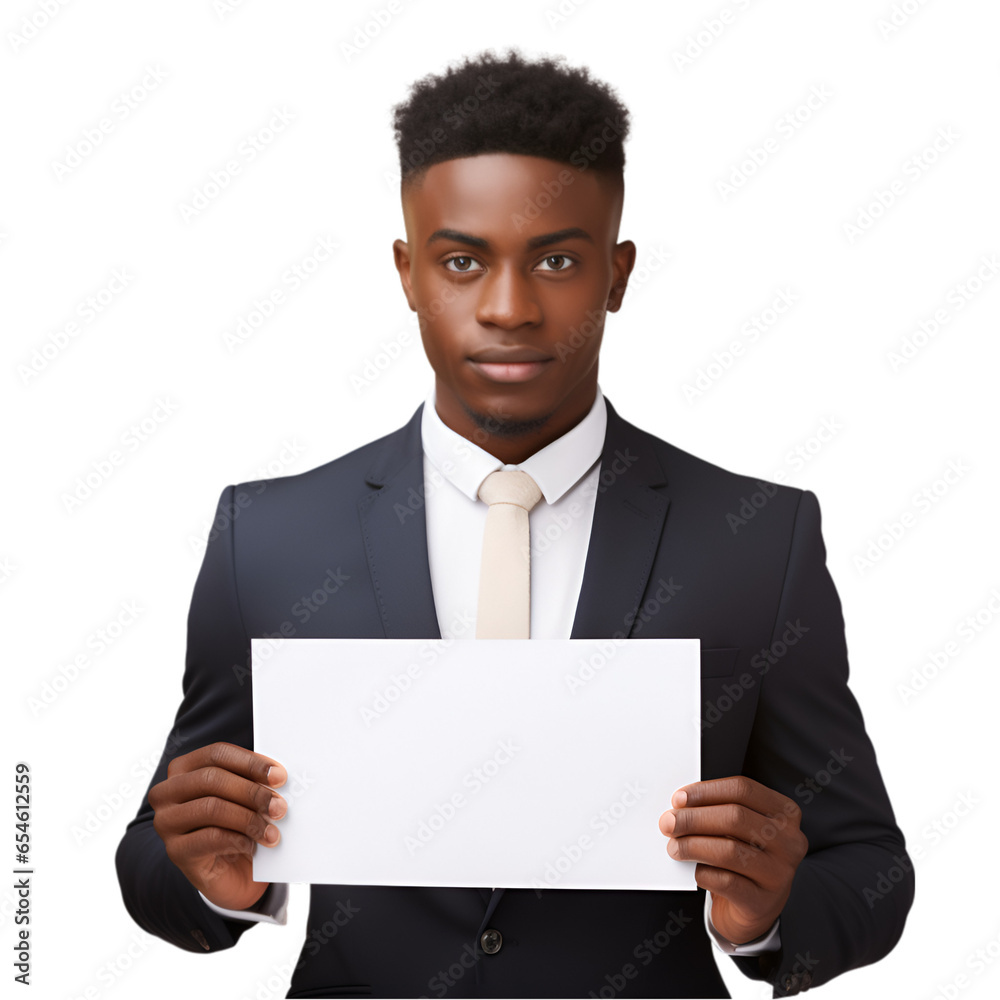 Black Businessman Holding a Blank White Paper Isolated on Transparent or White Background Black Businessman Holding a Blank White Paper Isolated on Transparent or White Background