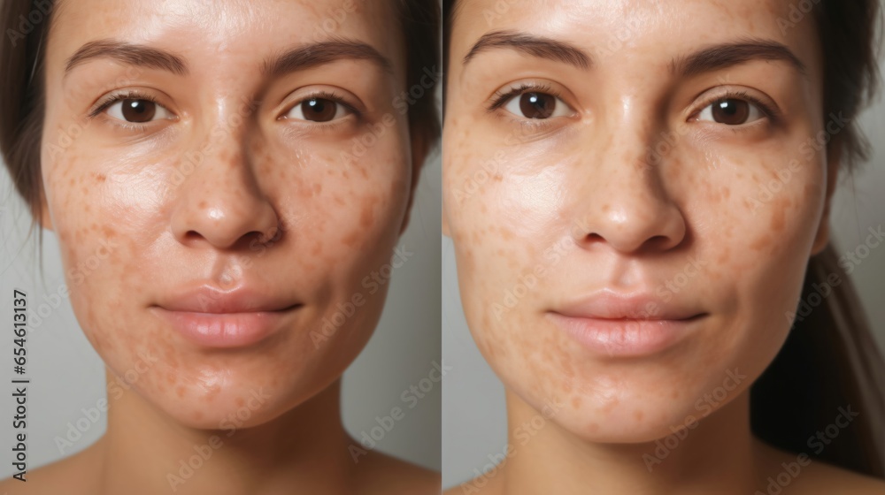 Before and after of Woman with facial treatment concept. Face of lady with melasma and brown spots and open pores , Therapy required, Dermatology - obrazy, fototapety, plakaty 