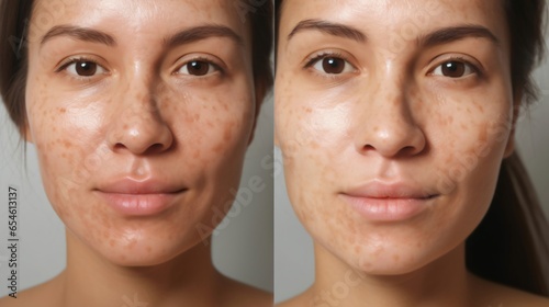 Before and after of Woman with facial treatment concept. Face of lady with melasma and brown spots and open pores , Therapy required, Dermatology photo