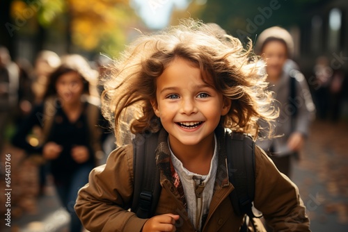 Back to school. A group of small children with backpacks running to school photo