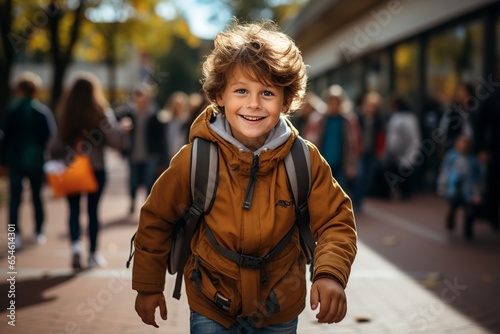Back to school. Little boy with backpack running going to school to have fun