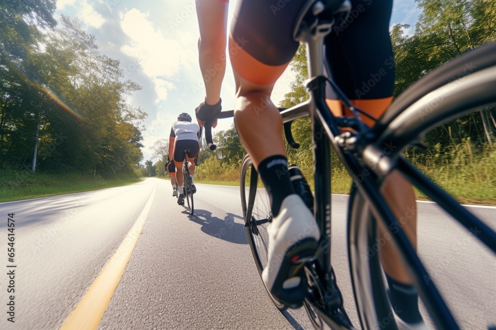 Perfect day for cycling Low angle view of young people riding bicycles along a road together : Generative AI Perfect day for cycling Low angle view of young people riding bicycles along a road together : Generative AI