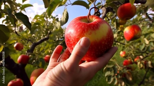 Juicy and ripe Closeup of man stretching out hand to apple while standing in the garden : Generative AI