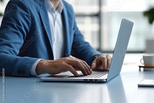 Young unrecognizable man working on laptop while sitting at his working place in office : Generative AI