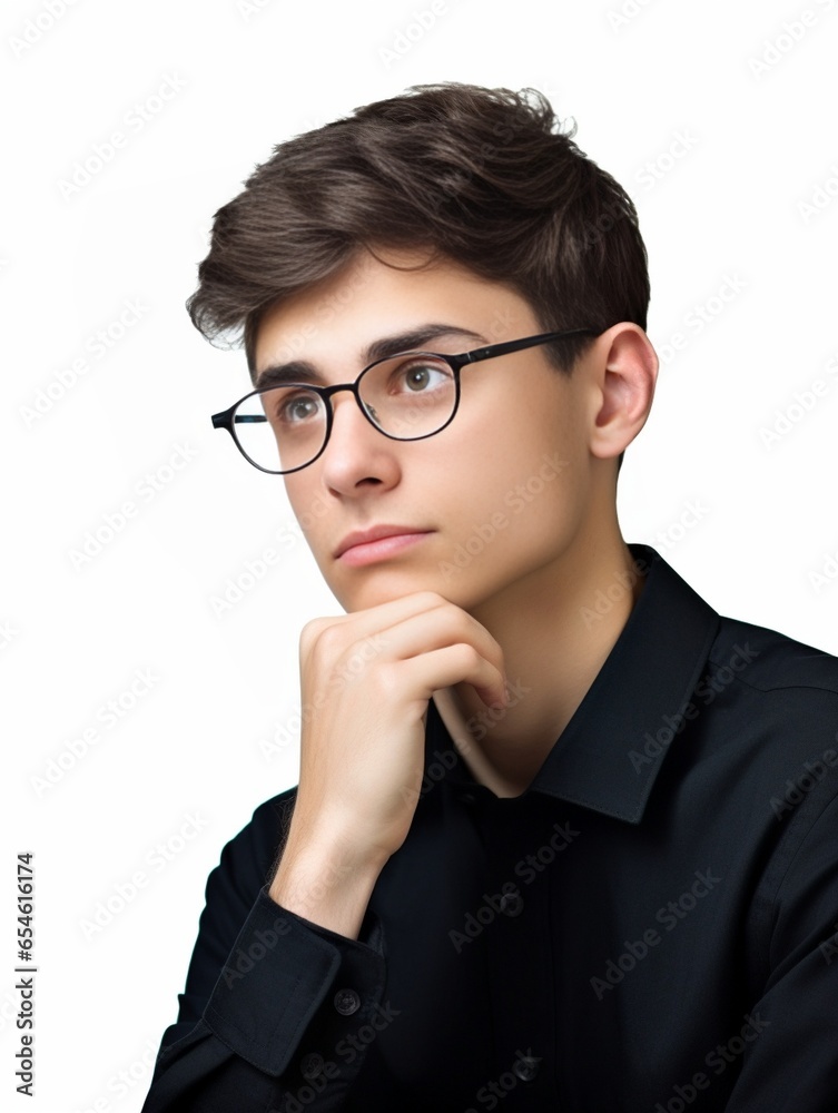 Young business expert Thoughtful young man in eyewear keeping hand on chin and looking at camera while standing against grey background : Generative AI Young business expert Thoughtful young man in eyewear keeping hand on chin and looking at camera while standing against grey background : Generative AI