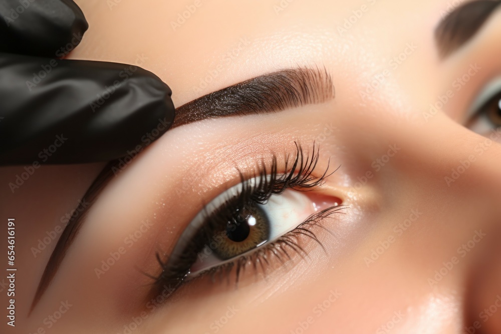 Permanent makeup or eyebrow tattoo. Background with selective focus and copy space - obrazy, fototapety, plakaty 
