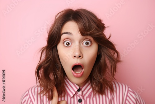 Surprised young woman in hooded shirt looking at camera and smiling against pink background : Generative AI