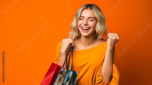 Shopping woman Laughing young lady holding credit card and shopping bags : Generative AI